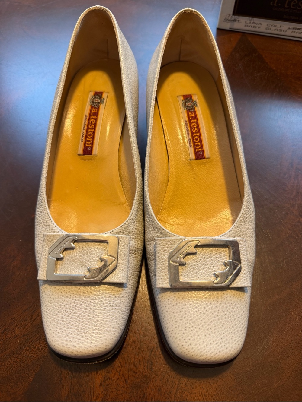 a. testoni Vintage White Pebbled Leather Block Heel Pumps